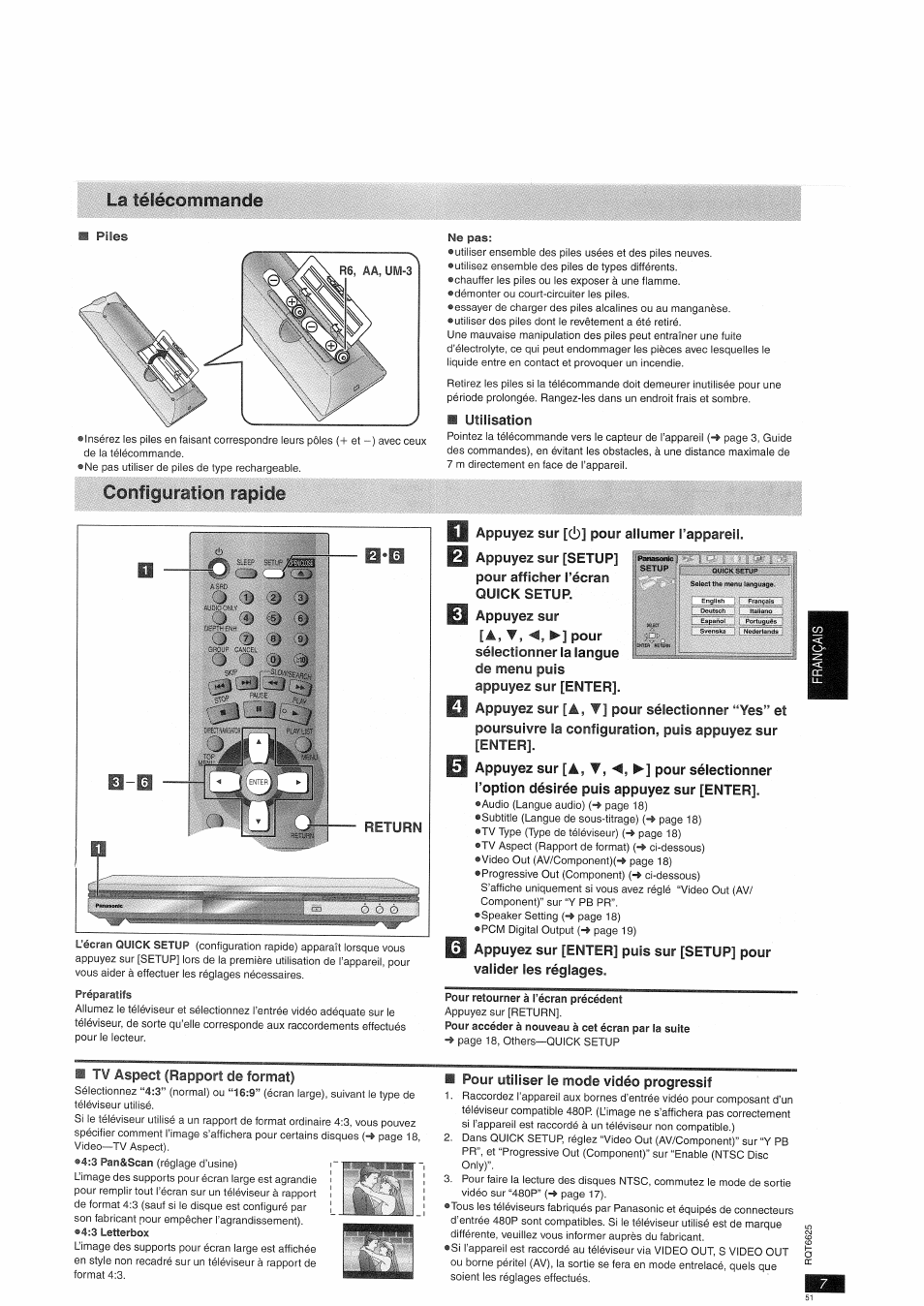 La télécostimande, Allumer, Configuî^ï!on rapide | Utilisation, Appuyez, Pour, Appuyez sur, Tv aspect (rapport de format), Pour utiliser le mode vidéo progressif | Panasonic DVDS75EG User Manual | Page 7 / 24