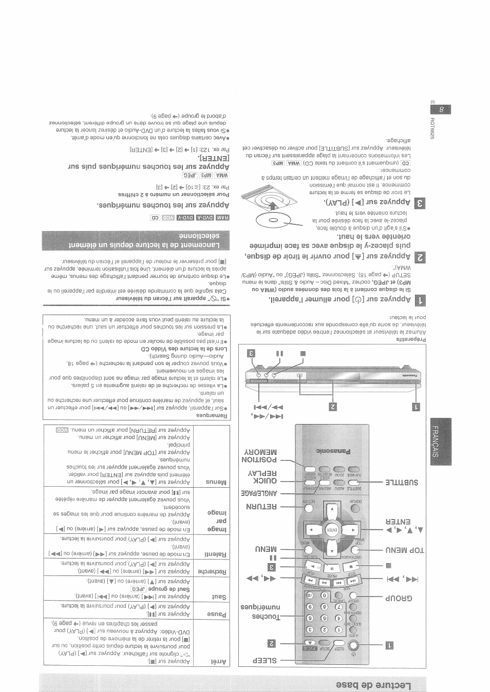 Ltefyre ele basa, Subtitle, Lyep 3iii [ôj p'oui aljumei l'appareil | Jypa sui pour, Appuyez 3ur [a] {play), Appyynz sur les touches numériquesl, Appuyez sur les louches numériques puis sur | Panasonic DVDS75EG User Manual | Page 8 / 24