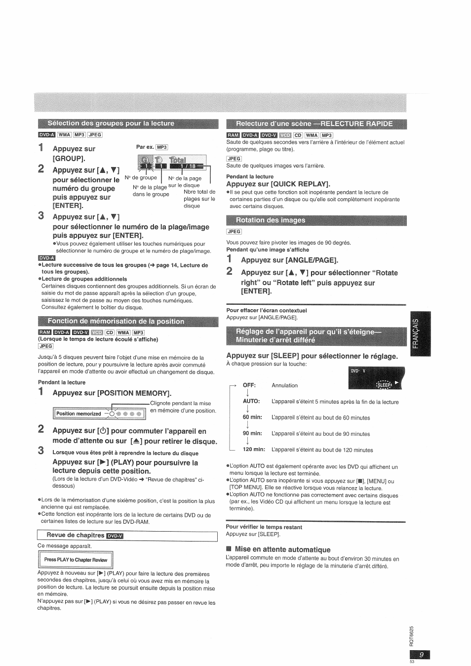Relecture d’une scène —relecture rapide, Pour sélectionner le, Appuyez sur [quick replay | 1 appuyez sur [position memory, Appuyez sur [sleep] pour sélectionner le réglage, Auto, Revue de chapitres ïïsmsm, Mise en attente automatique, Relecture d’une scène—relecture rapide, Ïïsmsm | Panasonic DVDS75EG User Manual | Page 9 / 24