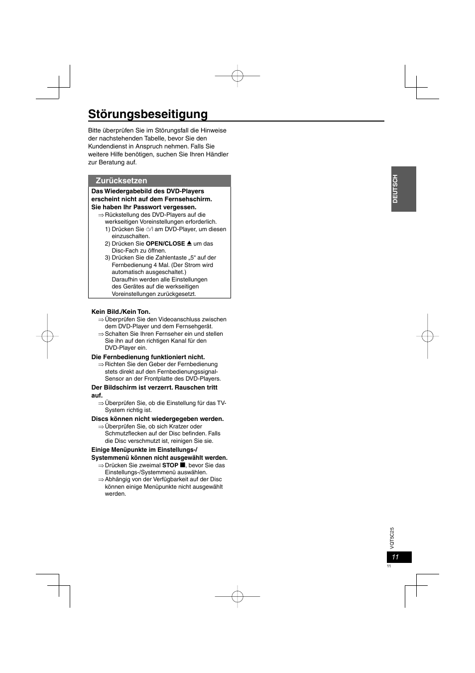 Störungsbeseitigung, Zurücksetzen | Panasonic DVDS500EG User Manual | Page 11 / 80