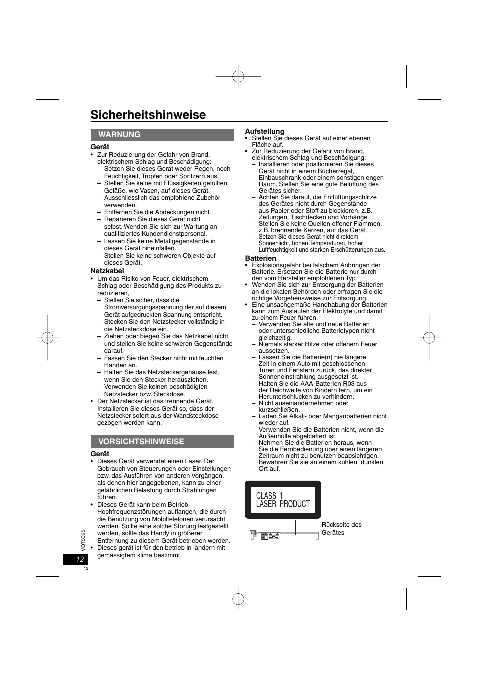 Sicherheitshinweise, Warnung, Vorsichtshinweise | Panasonic DVDS500EG User Manual | Page 12 / 80