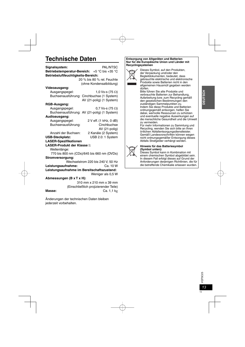 Technische daten | Panasonic DVDS500EG User Manual | Page 13 / 80