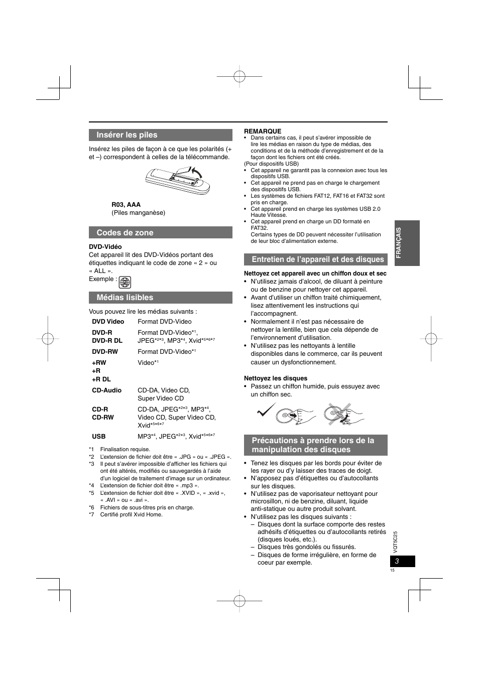 Entretien de l’appareil et des disques, Insérer les piles, Codes de zone | Médias lisibles | Panasonic DVDS500EG User Manual | Page 15 / 80