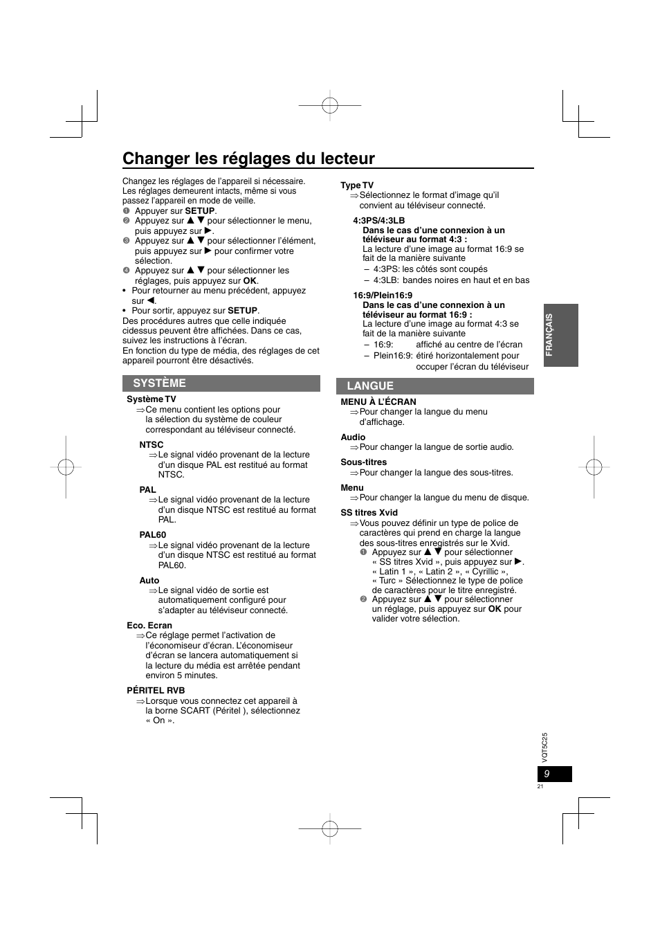 Changer les réglages du lecteur, Système, Langue | Panasonic DVDS500EG User Manual | Page 21 / 80