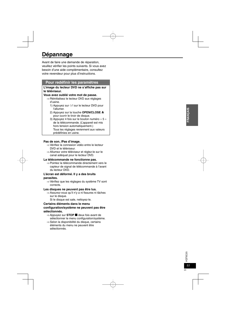 Dépannage, Pour redéfi nir les paramètres | Panasonic DVDS500EG User Manual | Page 23 / 80