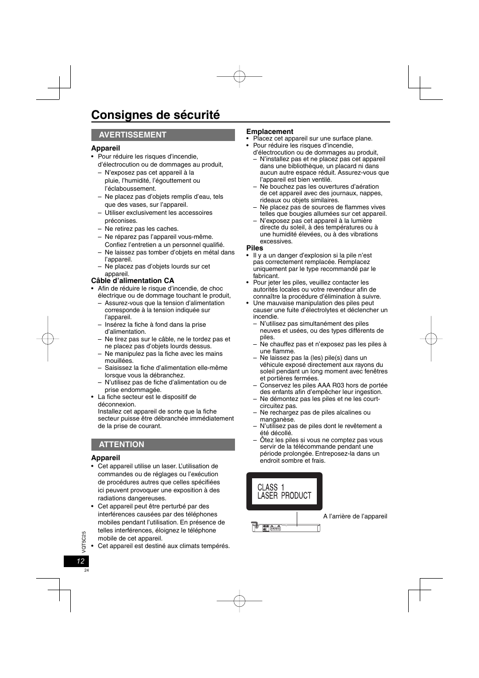 Consignes de sécurité, Avertissement, Attention | Panasonic DVDS500EG User Manual | Page 24 / 80