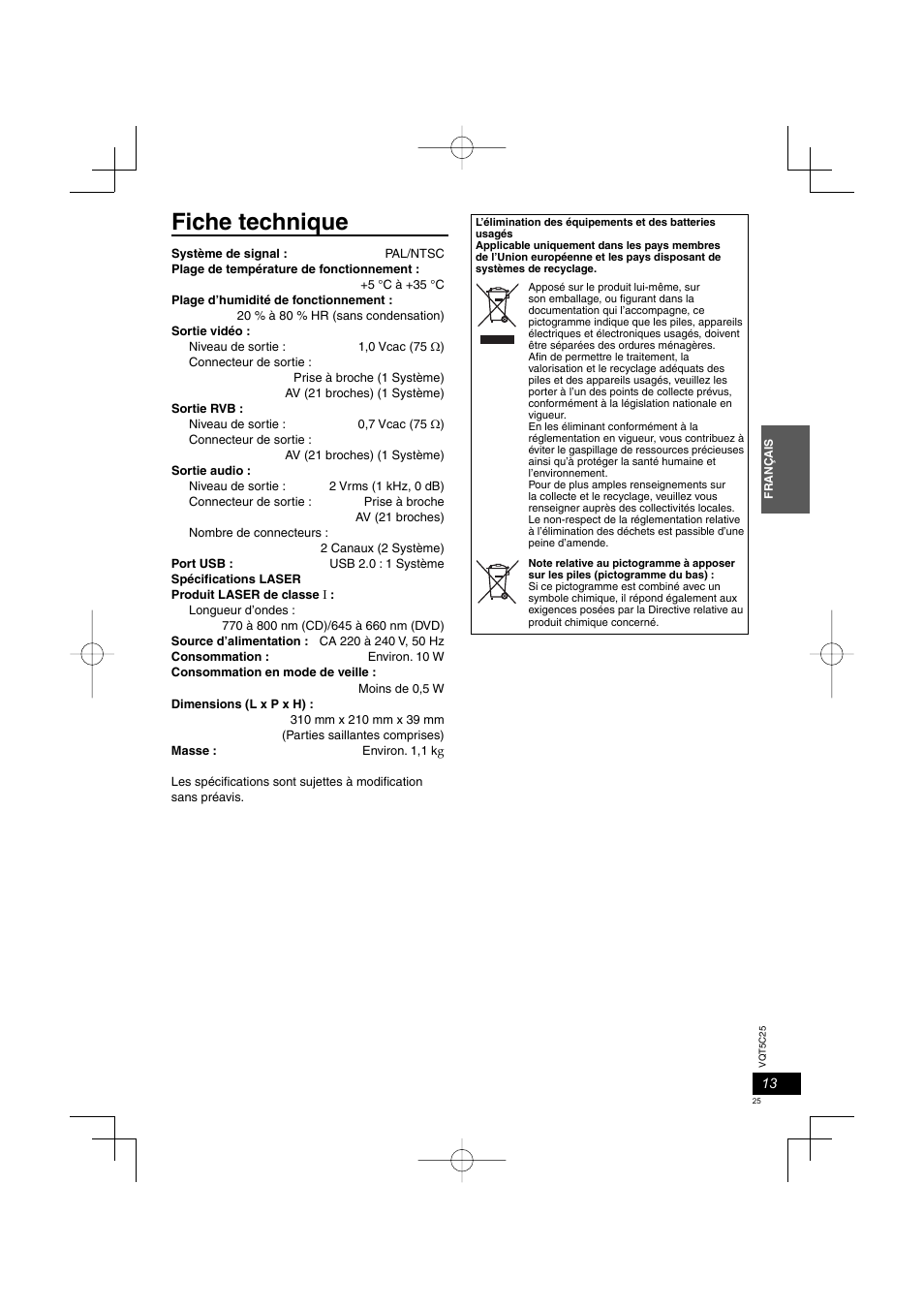 Fiche technique | Panasonic DVDS500EG User Manual | Page 25 / 80