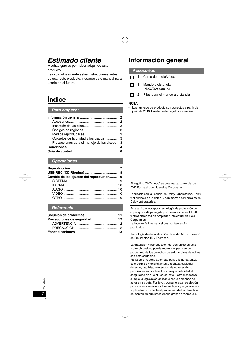 Dvd-s700_500_eg-sp.indd.pdf, Estimado cliente, Índice | Información general | Panasonic DVDS500EG User Manual | Page 26 / 80