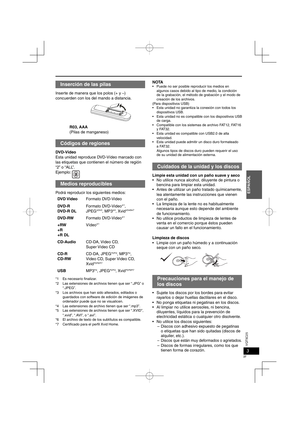 Cuidados de la unidad y los discos, Precauciones para el manejo de los discos, Inserción de las pilas | Códigos de regiones, Medios reproducibles | Panasonic DVDS500EG User Manual | Page 27 / 80