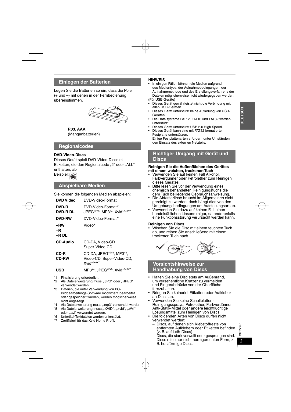 Richtiger umgang mit gerät und discs, Vorsichtshinweise zur handhabung von discs, Einlegen der batterien | Regionalcodes, Abspielbare medien | Panasonic DVDS500EG User Manual | Page 3 / 80