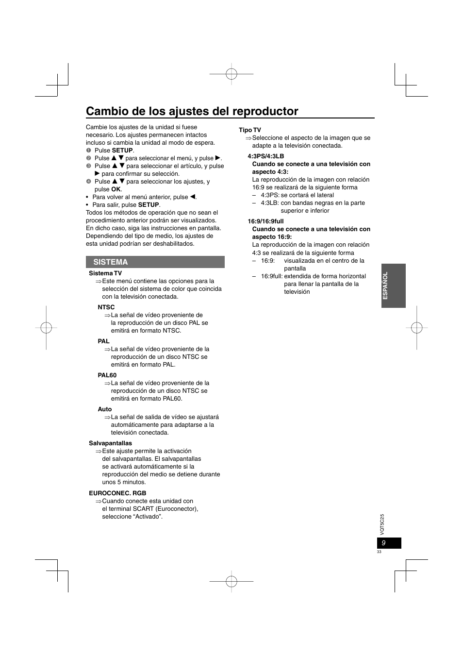 Cambio de los ajustes del reproductor, Sistema | Panasonic DVDS500EG User Manual | Page 33 / 80