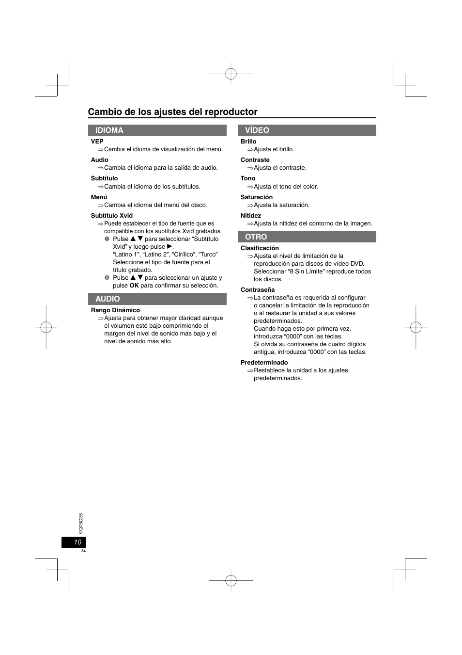 Cambio de los ajustes del reproductor, Idioma, Audio | Vídeo, Otro | Panasonic DVDS500EG User Manual | Page 34 / 80