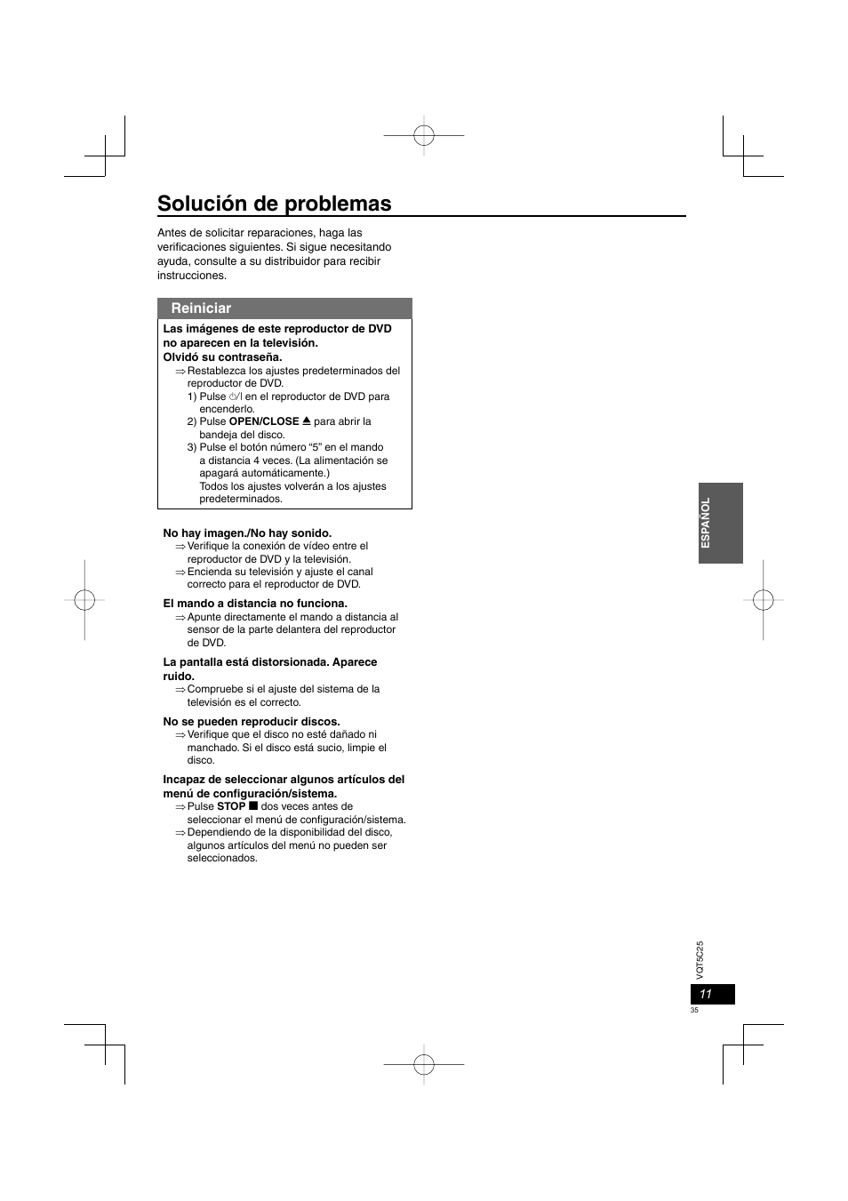 Solución de problemas, Reiniciar | Panasonic DVDS500EG User Manual | Page 35 / 80