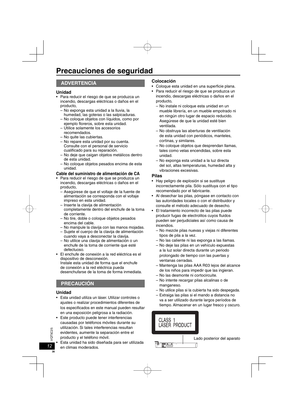 Precauciones de seguridad, Advertencia, Precaución | Panasonic DVDS500EG User Manual | Page 36 / 80