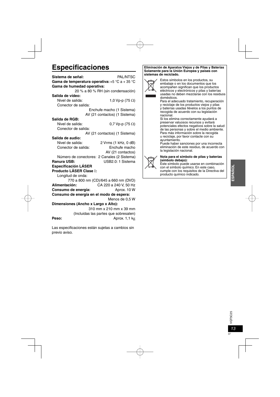 Especifi caciones | Panasonic DVDS500EG User Manual | Page 37 / 80