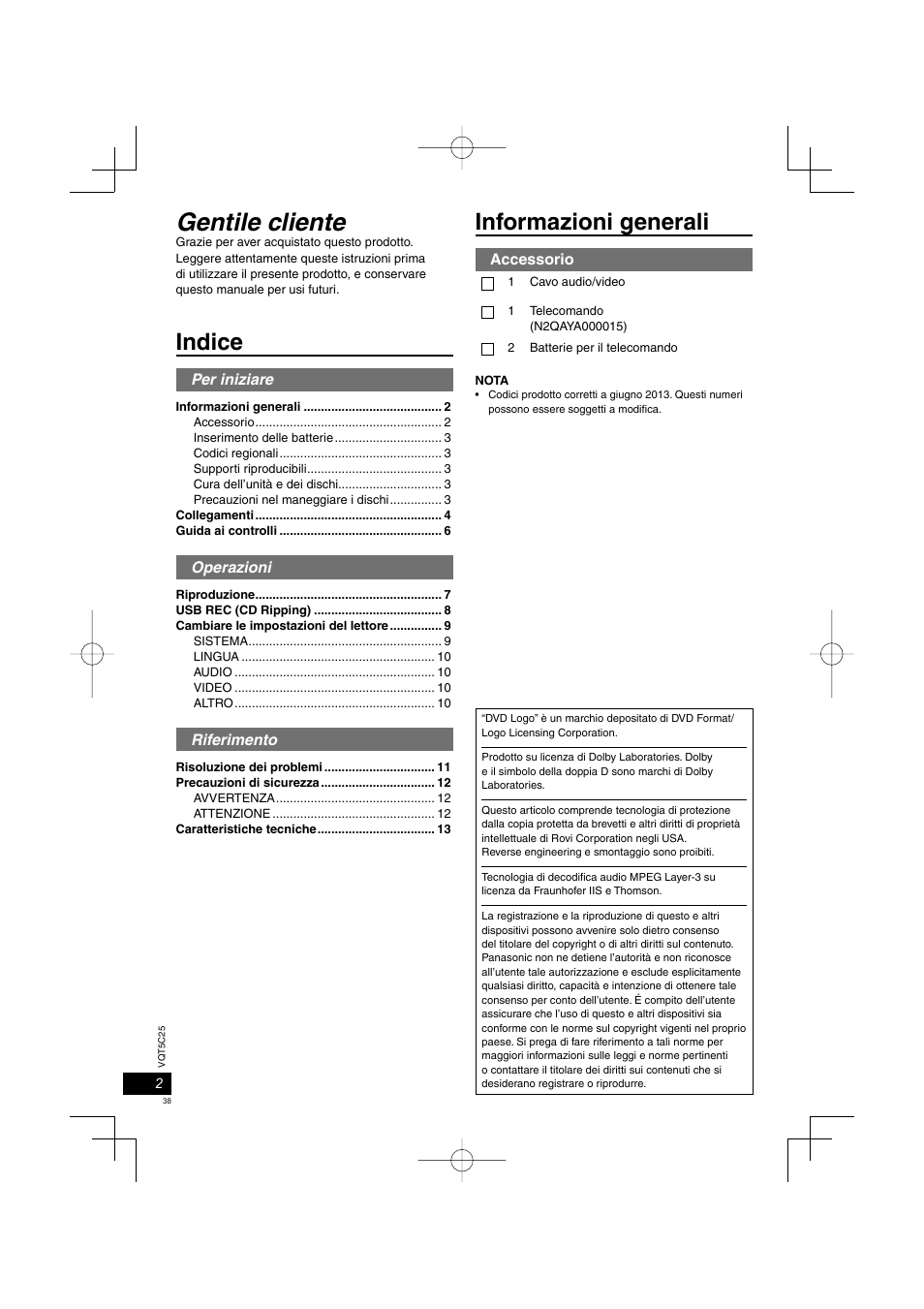 Dvd-s700_500_eg-it.indd.pdf, Gentile cliente, Informazioni generali | Indice | Panasonic DVDS500EG User Manual | Page 38 / 80