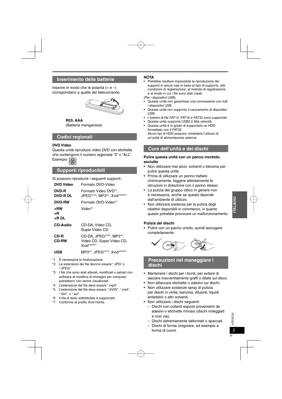 Cura dell’unità e dei dischi, Precauzioni nel maneggiare i dischi, Inserimento delle batterie | Codici regionali, Supporti riproducibili | Panasonic DVDS500EG User Manual | Page 39 / 80