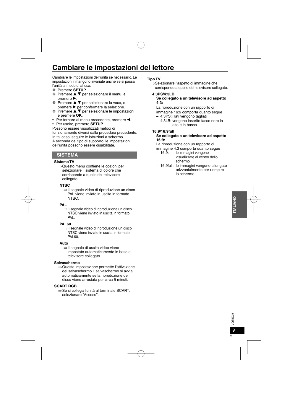 Cambiare le impostazioni del lettore, Sistema | Panasonic DVDS500EG User Manual | Page 45 / 80