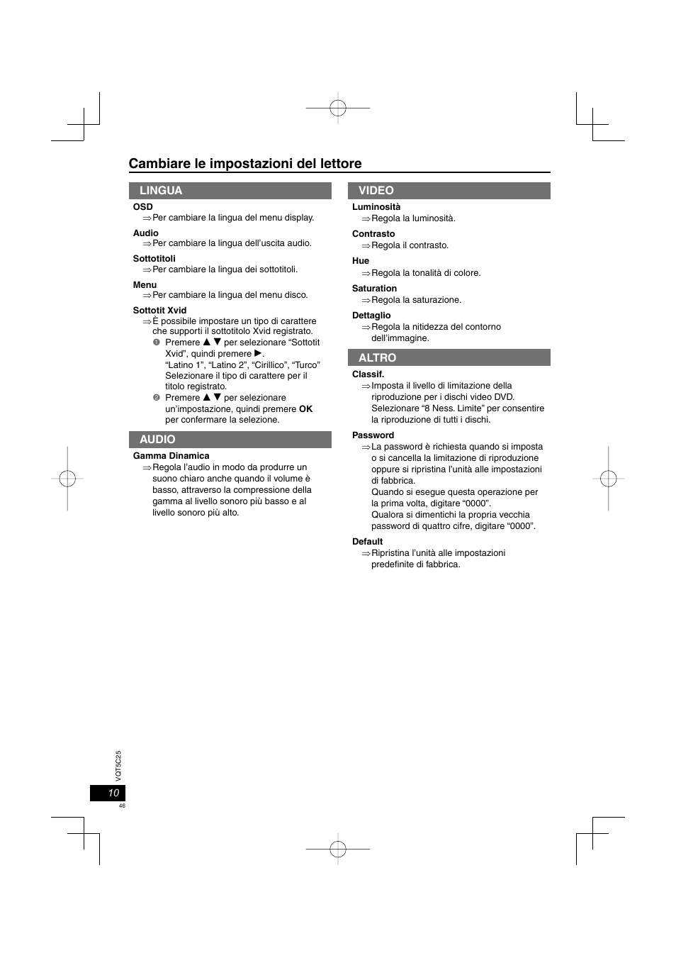 Cambiare le impostazioni del lettore, Lingua, Audio | Video, Altro | Panasonic DVDS500EG User Manual | Page 46 / 80