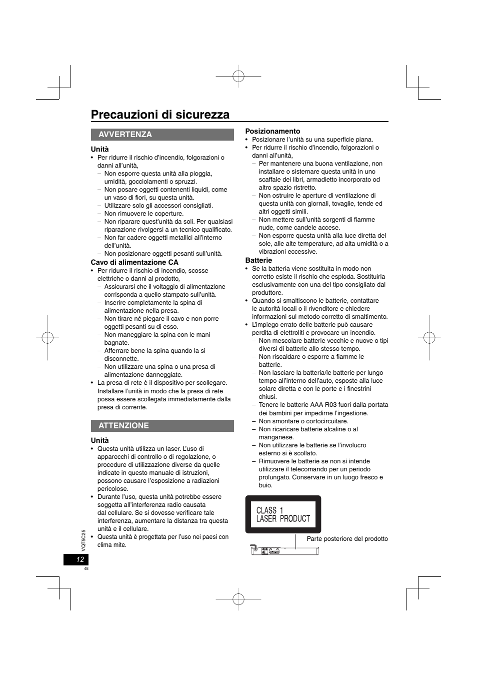 Precauzioni di sicurezza, Avvertenza, Attenzione | Panasonic DVDS500EG User Manual | Page 48 / 80