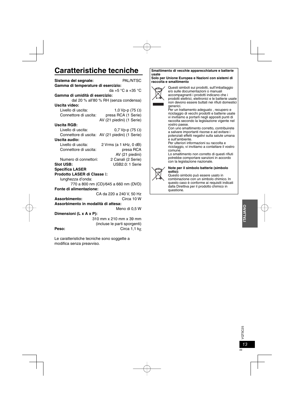 Caratteristiche tecniche | Panasonic DVDS500EG User Manual | Page 49 / 80