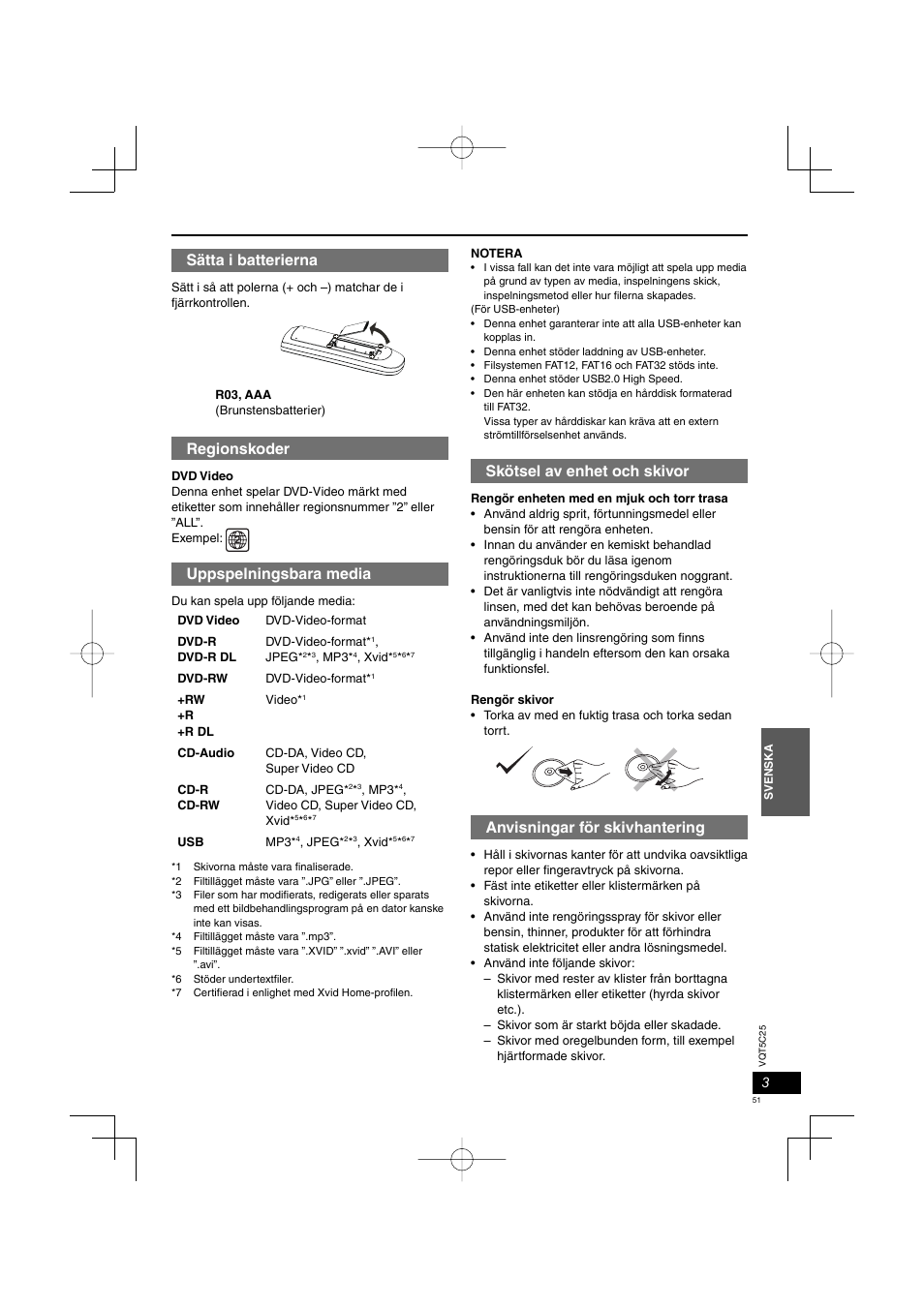 Skötsel av enhet och skivor, Anvisningar för skivhantering, Sätta i batterierna | Regionskoder, Uppspelningsbara media | Panasonic DVDS500EG User Manual | Page 51 / 80