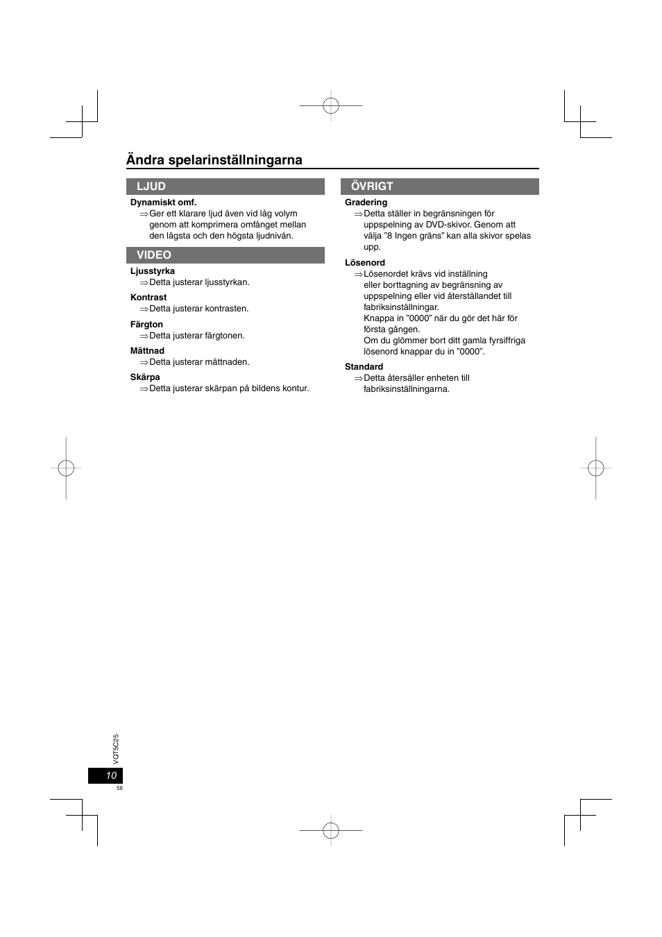 Ändra spelarinställningarna, Ljud, Video | Övrigt | Panasonic DVDS500EG User Manual | Page 58 / 80