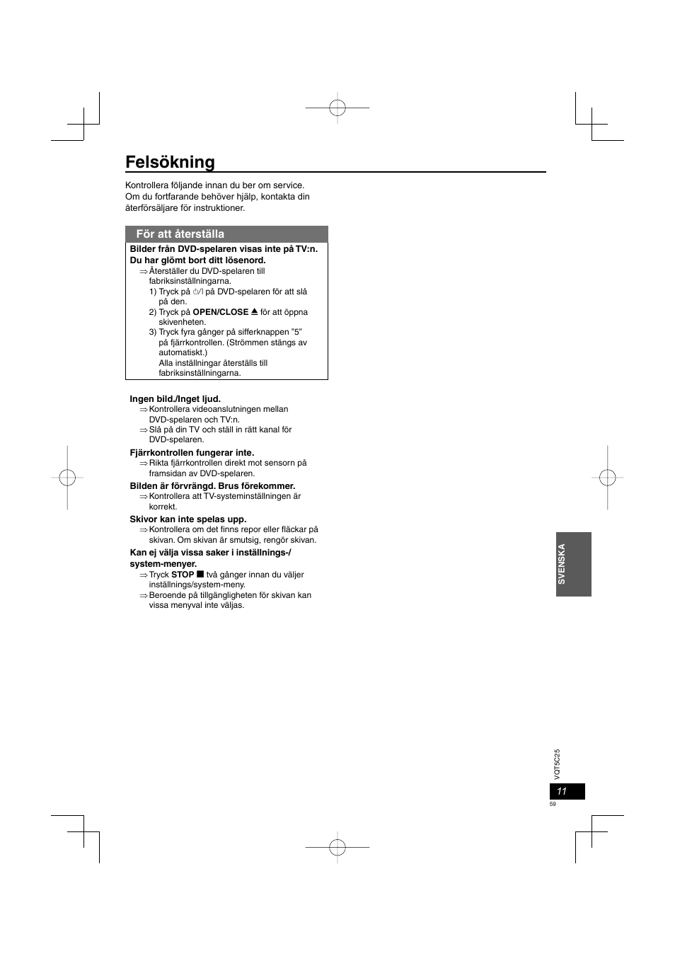 Felsökning, För att återställa | Panasonic DVDS500EG User Manual | Page 59 / 80