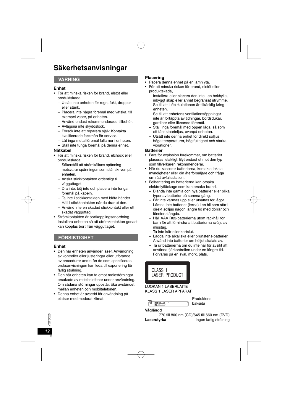 Säkerhetsanvisningar, Varning, Försiktighet | Panasonic DVDS500EG User Manual | Page 60 / 80