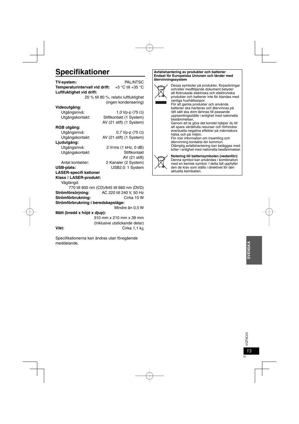 Specifi kationer | Panasonic DVDS500EG User Manual | Page 61 / 80