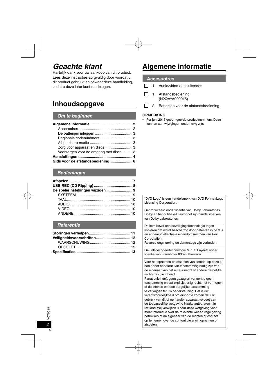 Dvd-s700_500_eg-du.indd.pdf, Geachte klant, Inhoudsopgave | Algemene informatie | Panasonic DVDS500EG User Manual | Page 62 / 80
