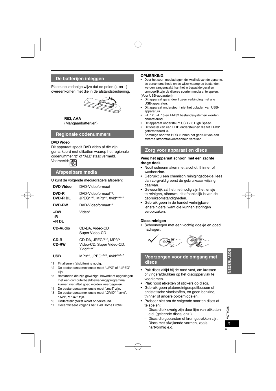 Zorg voor apparaat en discs, Voorzorgen voor de omgang met discs, De batterijen inleggen | Regionale codenummers, Afspeelbare media | Panasonic DVDS500EG User Manual | Page 63 / 80