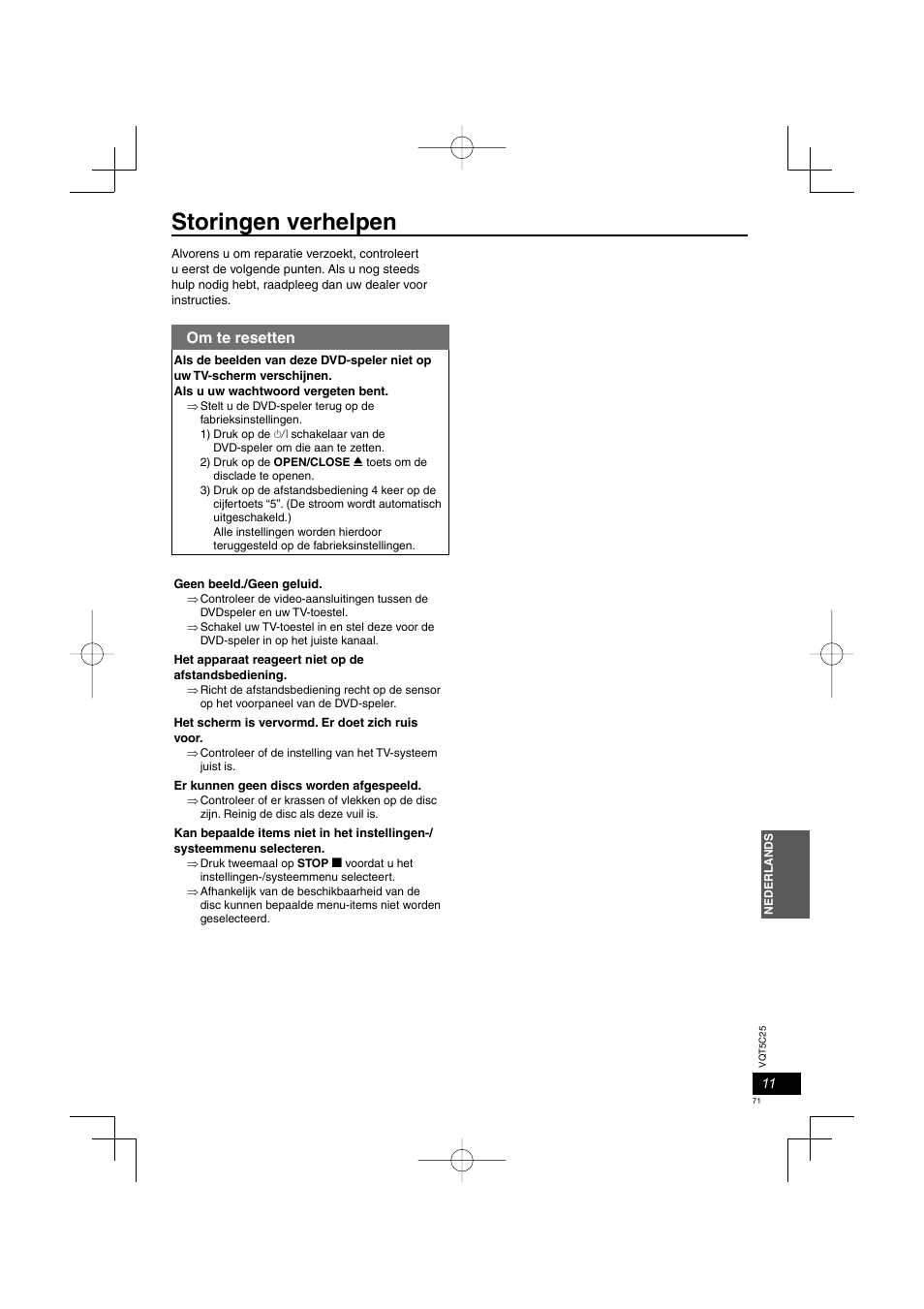 Storingen verhelpen, Om te resetten | Panasonic DVDS500EG User Manual | Page 71 / 80