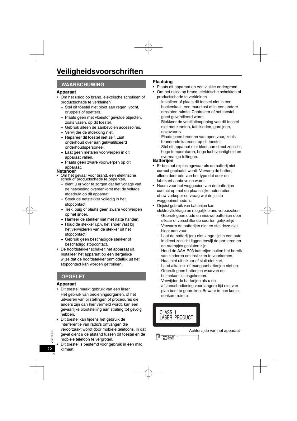 Veiligheidsvoorschriften, Waarschuwing, Opgelet | Panasonic DVDS500EG User Manual | Page 72 / 80