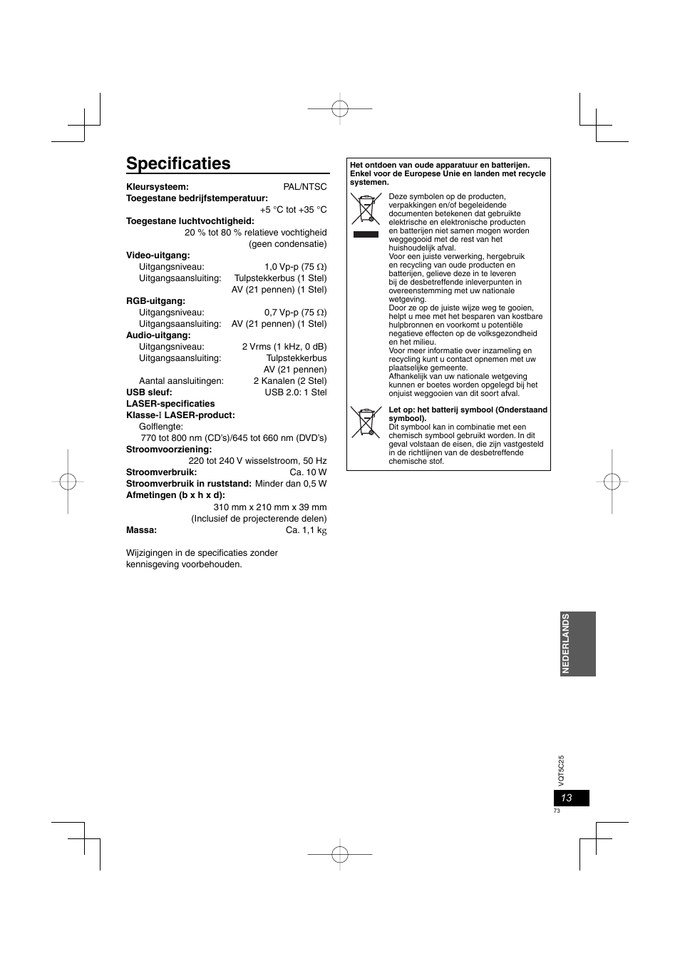 Specifi caties | Panasonic DVDS500EG User Manual | Page 73 / 80