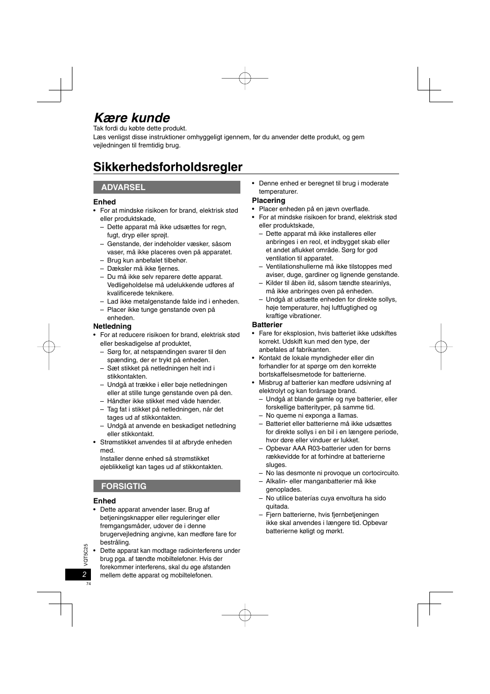 Dvd-s700_500_eg-da.indd.pdf, Kære kunde, Sikkerhedsforholdsregler | Advarsel, Forsigtig | Panasonic DVDS500EG User Manual | Page 74 / 80