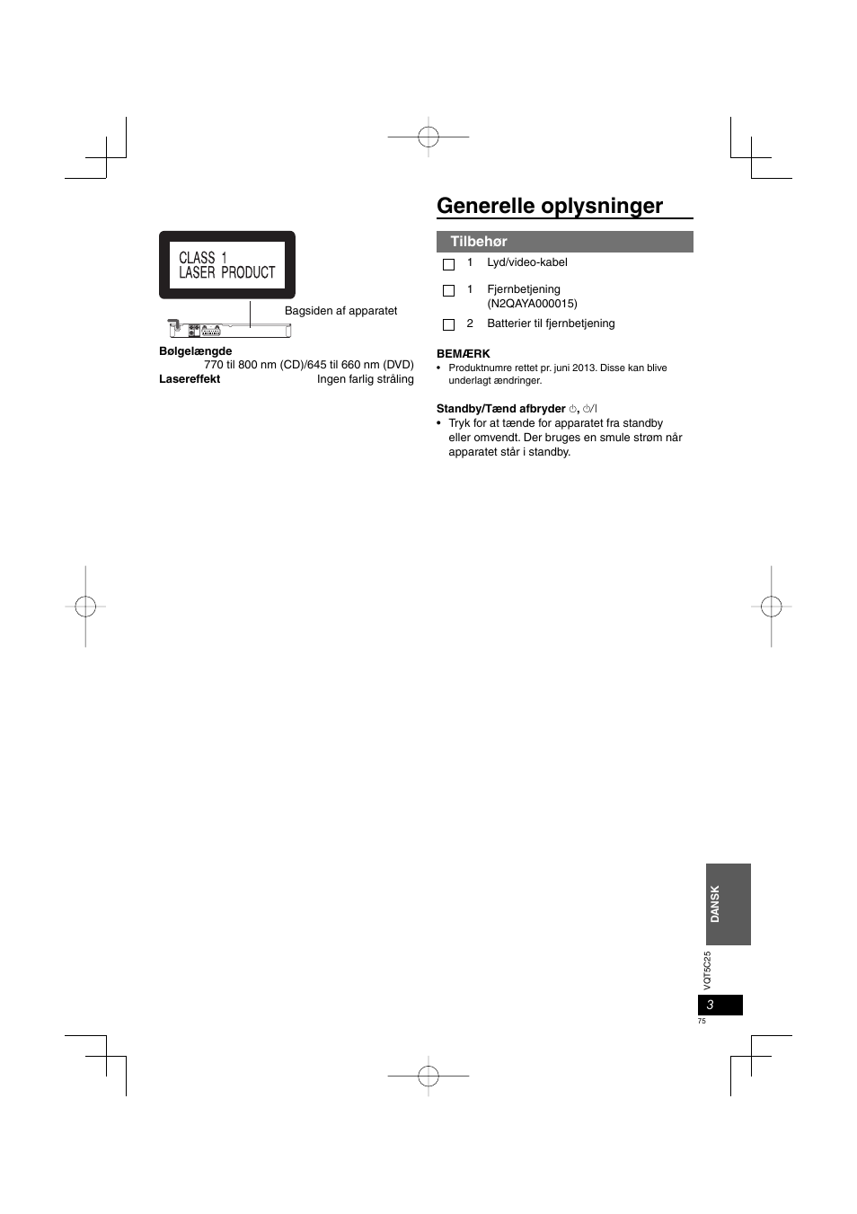 Generelle oplysninger, Tilbehør | Panasonic DVDS500EG User Manual | Page 75 / 80