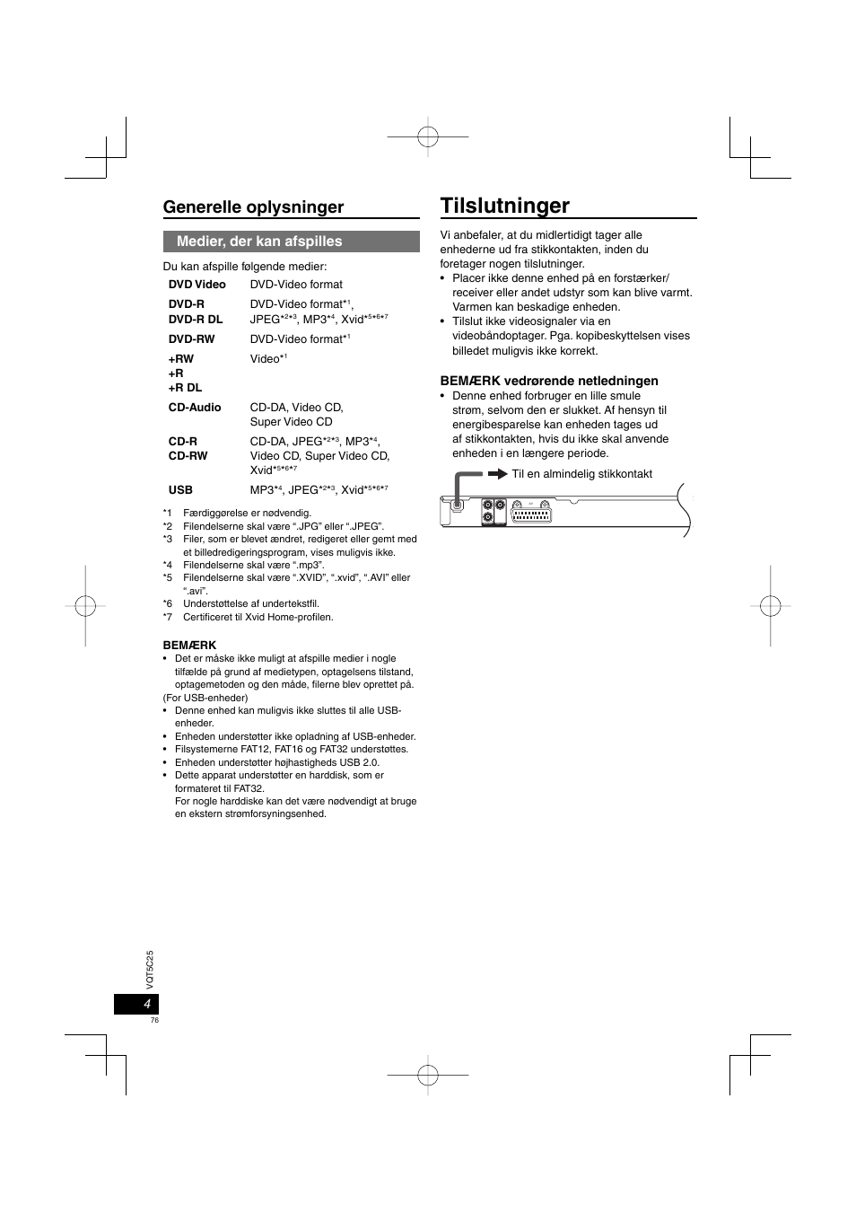 Tilslutninger, Generelle oplysninger, Medier, der kan afspilles | Panasonic DVDS500EG User Manual | Page 76 / 80