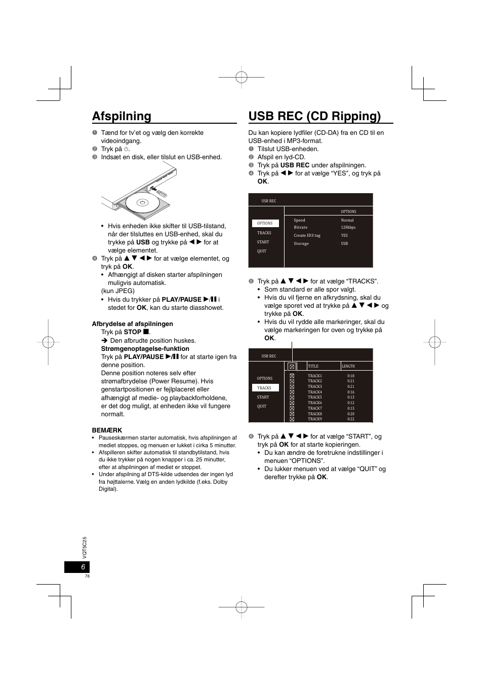 Afspilning, Usb rec (cd ripping) | Panasonic DVDS500EG User Manual | Page 78 / 80