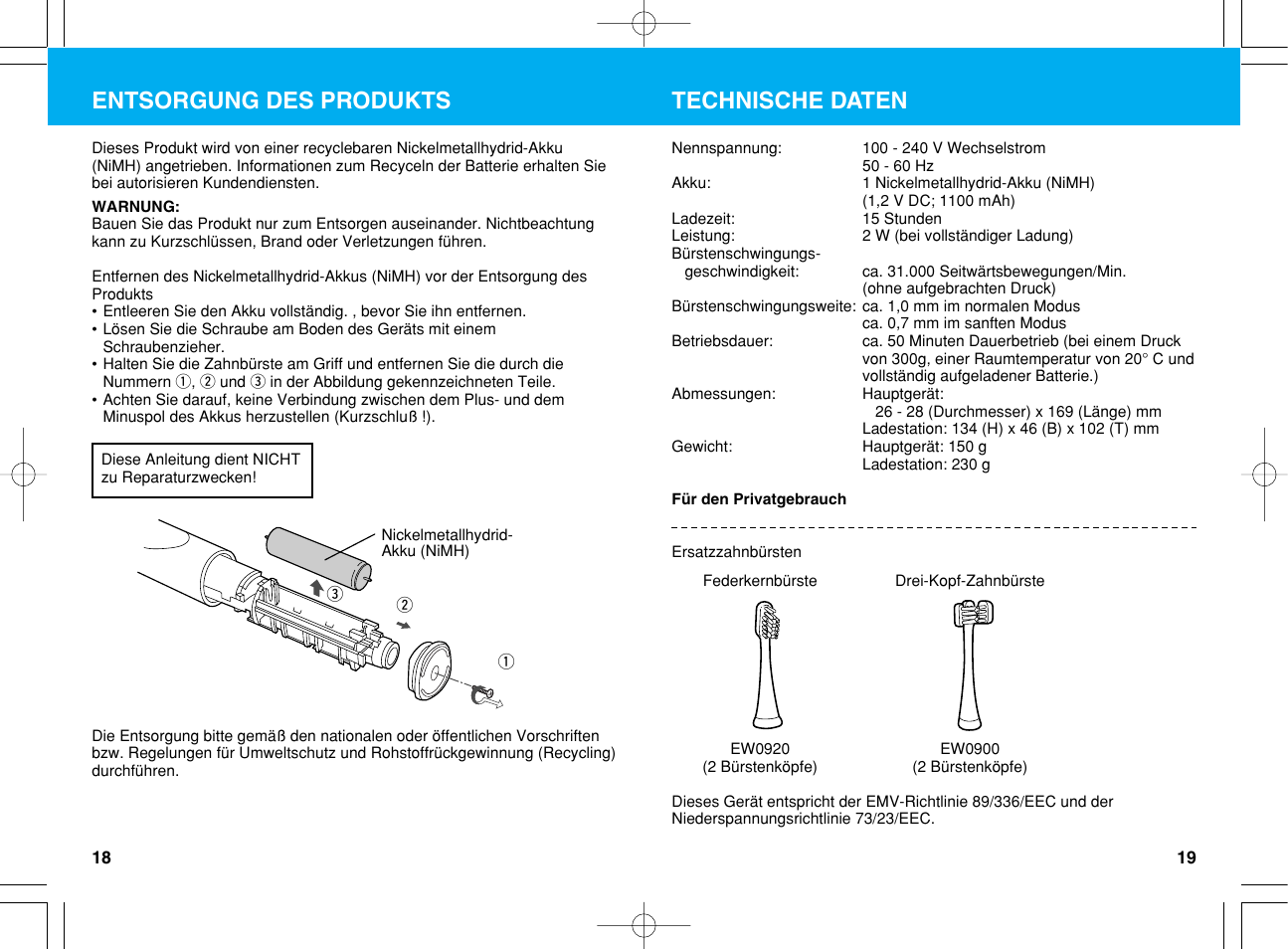 Entsorgung des produkts, Technische daten | Panasonic EW1012G2 User Manual | Page 10 / 56