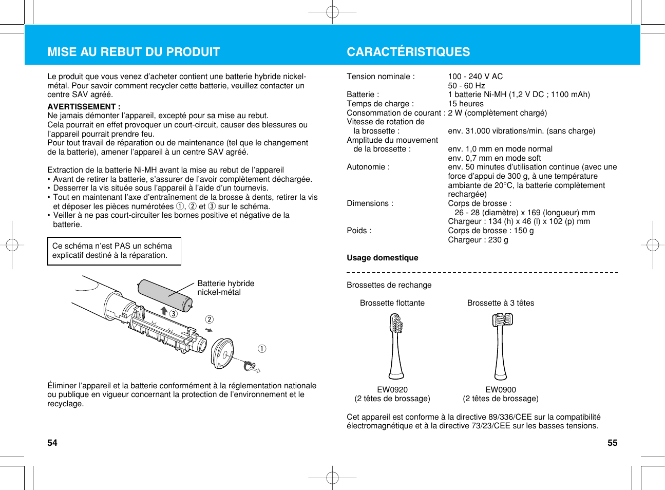 Mise au rebut du produit, Caractéristiques | Panasonic EW1012G2 User Manual | Page 28 / 56