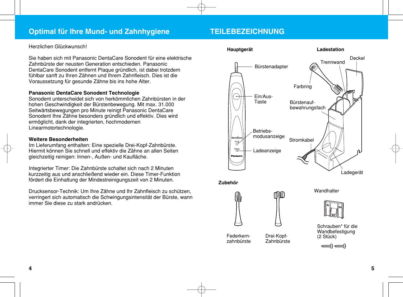 Optimal für ihre mund- und zahnhygiene, Teilebezeichnung | Panasonic EW1012G2 User Manual | Page 3 / 56