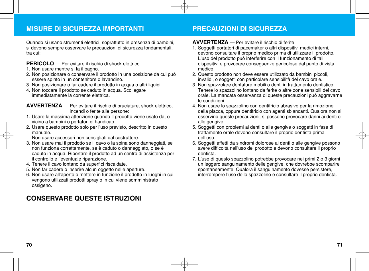 Precauzioni di sicurezza, Misure di sicurezza importanti, Conservare queste istruzioni | Panasonic EW1012G2 User Manual | Page 36 / 56