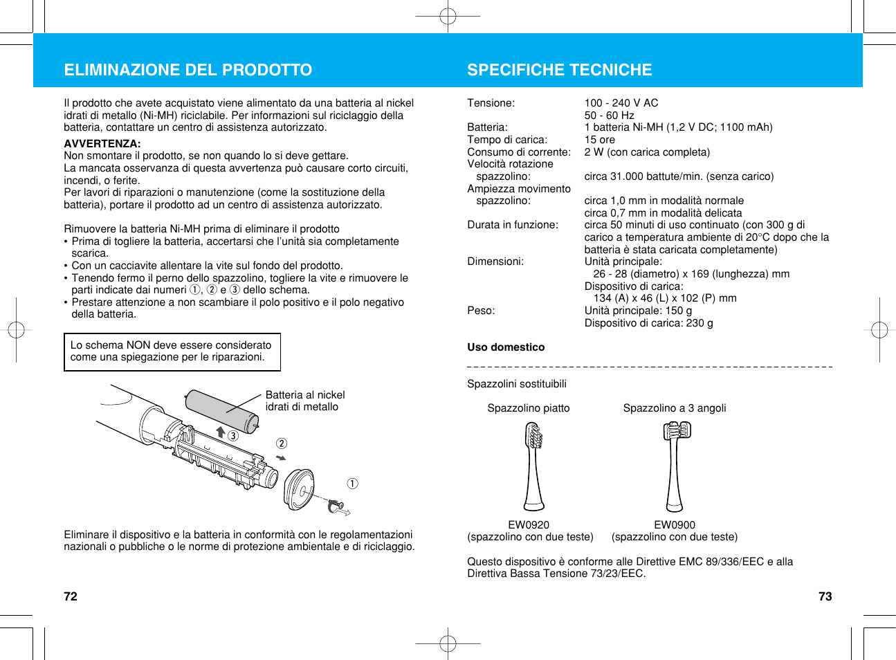 Specifiche tecniche, Eliminazione del prodotto | Panasonic EW1012G2 User Manual | Page 37 / 56