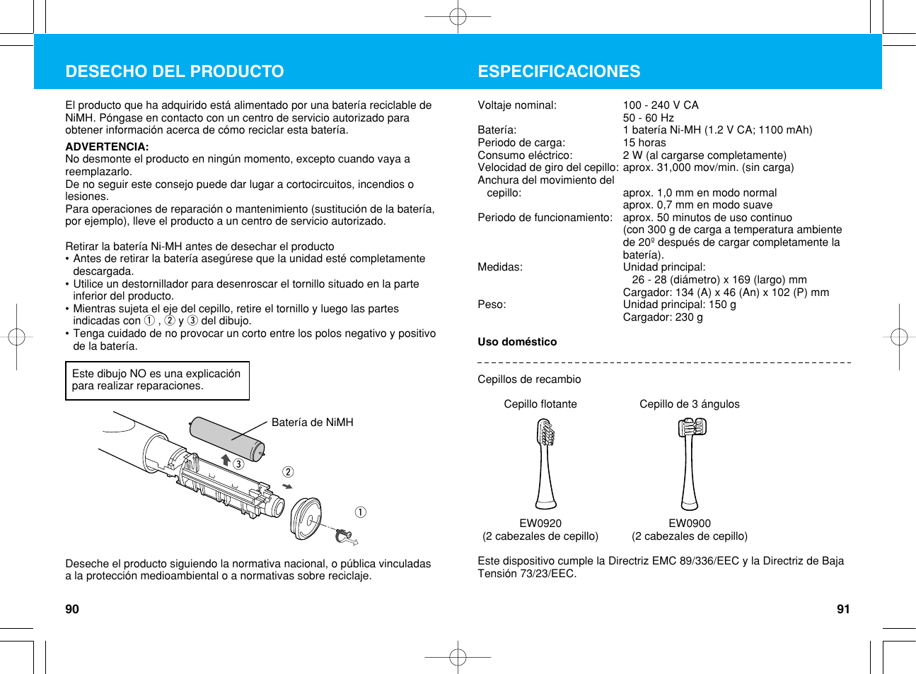 Especificaciones, Desecho del producto | Panasonic EW1012G2 User Manual | Page 46 / 56