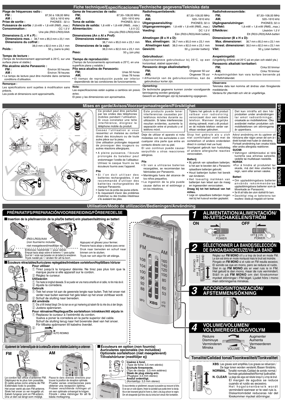 Fm am, Volume/volumen/ volumeregeling/volym, Alimentation/alimentación/ in-/uitschakelen/ström | Accord/sintonización/ afstemmen/sökning, Svenska | Panasonic RFNA06R User Manual | Page 2 / 4