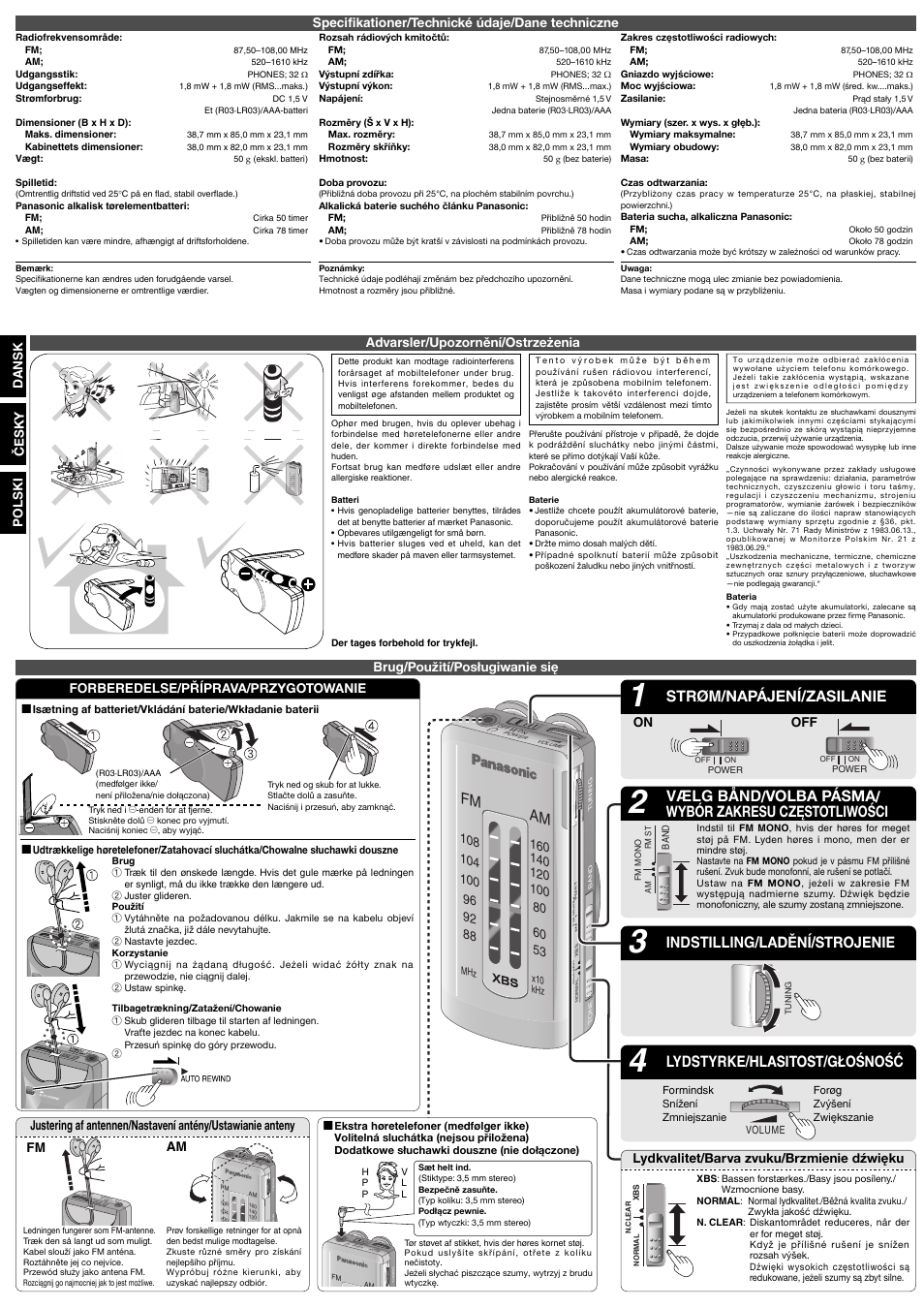 Fm am, Lydstyrke/hlasitost/g£ośność, Strøm/napájení/zasilanie | Indstilling/ladění/strojenie, Advarsler/upozornění/ostrze¿enia, Brug/použití/pos³ugiwanie się, Forberedelse/pøíprava/przygotowanie on off | Panasonic RFNA06R User Manual | Page 3 / 4