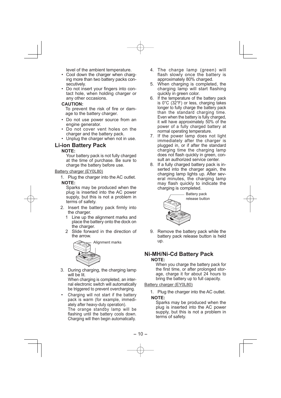 Li-ion battery pack, Ni-mh/ni-cd battery pack | Panasonic EY7880 User Manual | Page 10 / 160