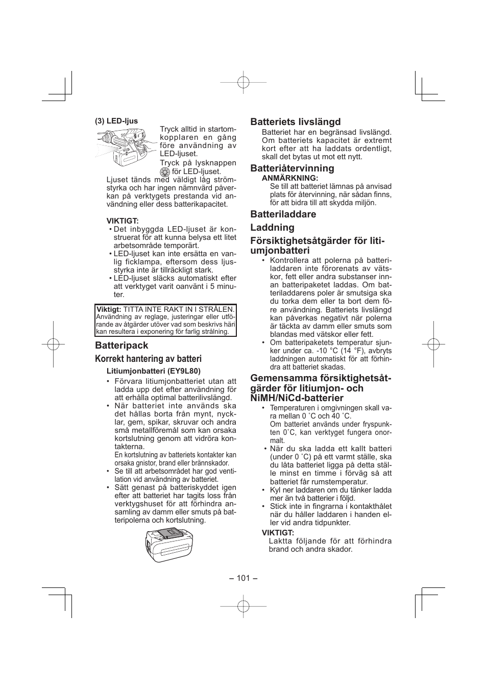 Batteripack korrekt hantering av batteri, Batteriets livslängd, Batteriåtervinning | Panasonic EY7880 User Manual | Page 101 / 160