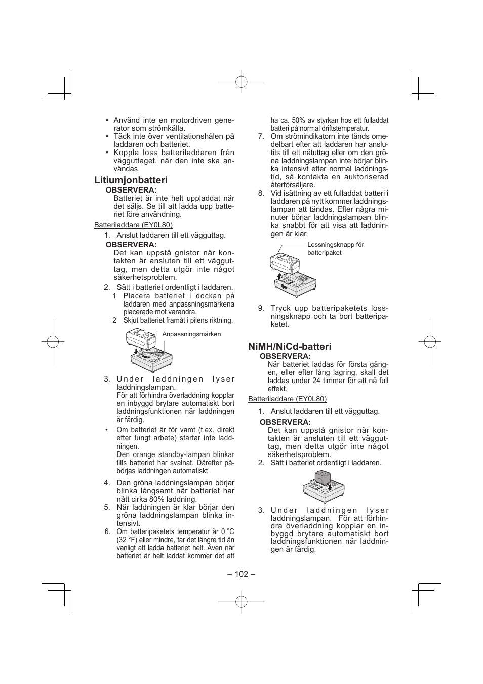 Litiumjonbatteri, Nimh/nicd-batteri | Panasonic EY7880 User Manual | Page 102 / 160